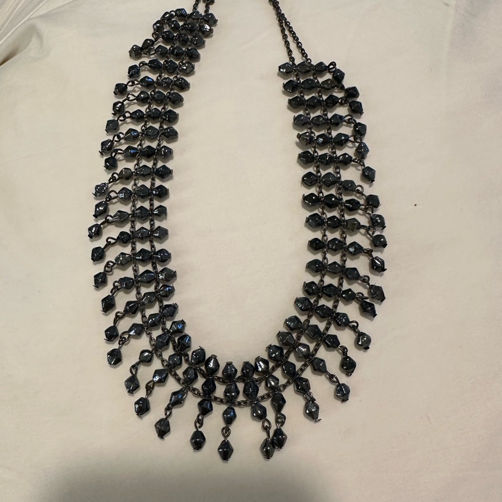 Black Multi-Strand Beaded Necklace with Fringe